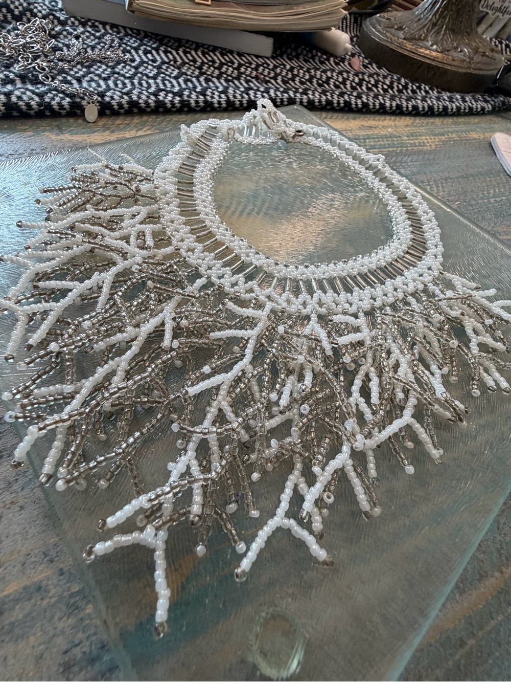 Mermaidcore White & Silver Beaded Coral Branch Fringe Statement Bib Necklace - Picture 7 of 7